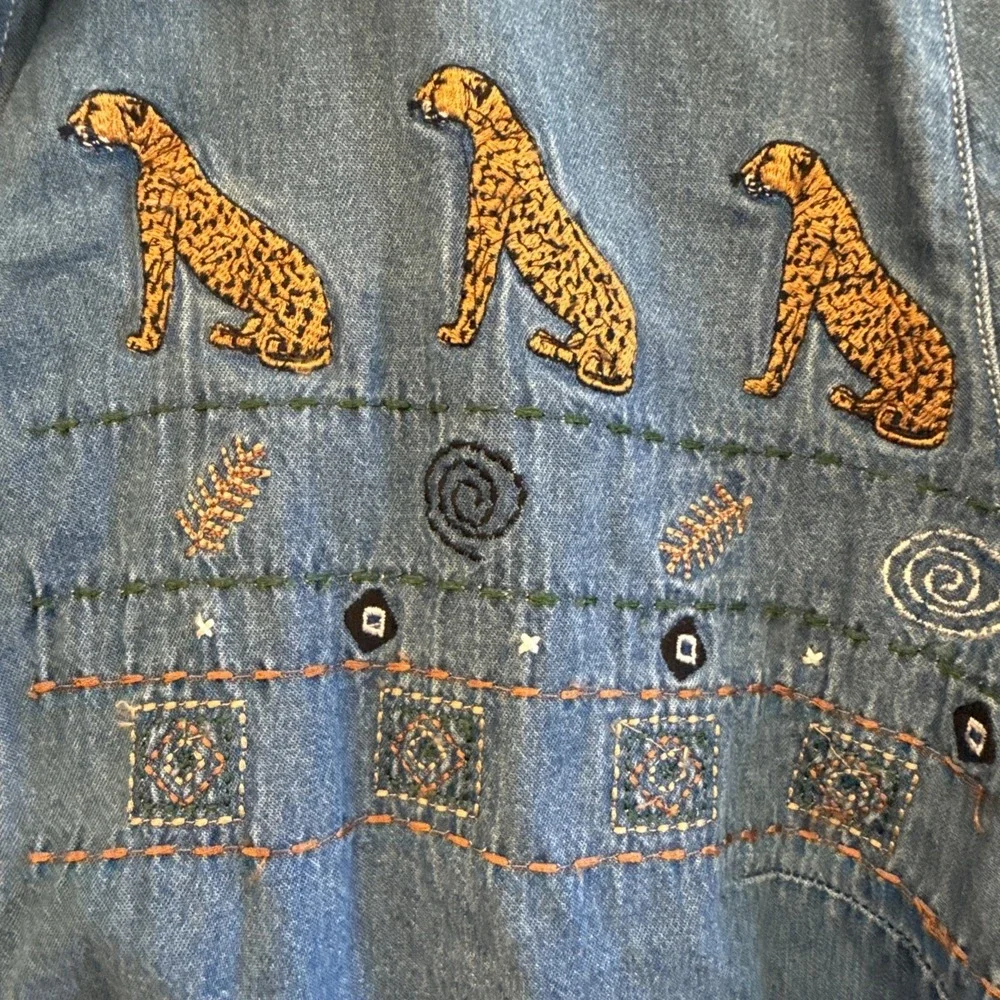 Cabin Creek Cheetah embroidered short sleeve chambray shirt with panel Whimsy